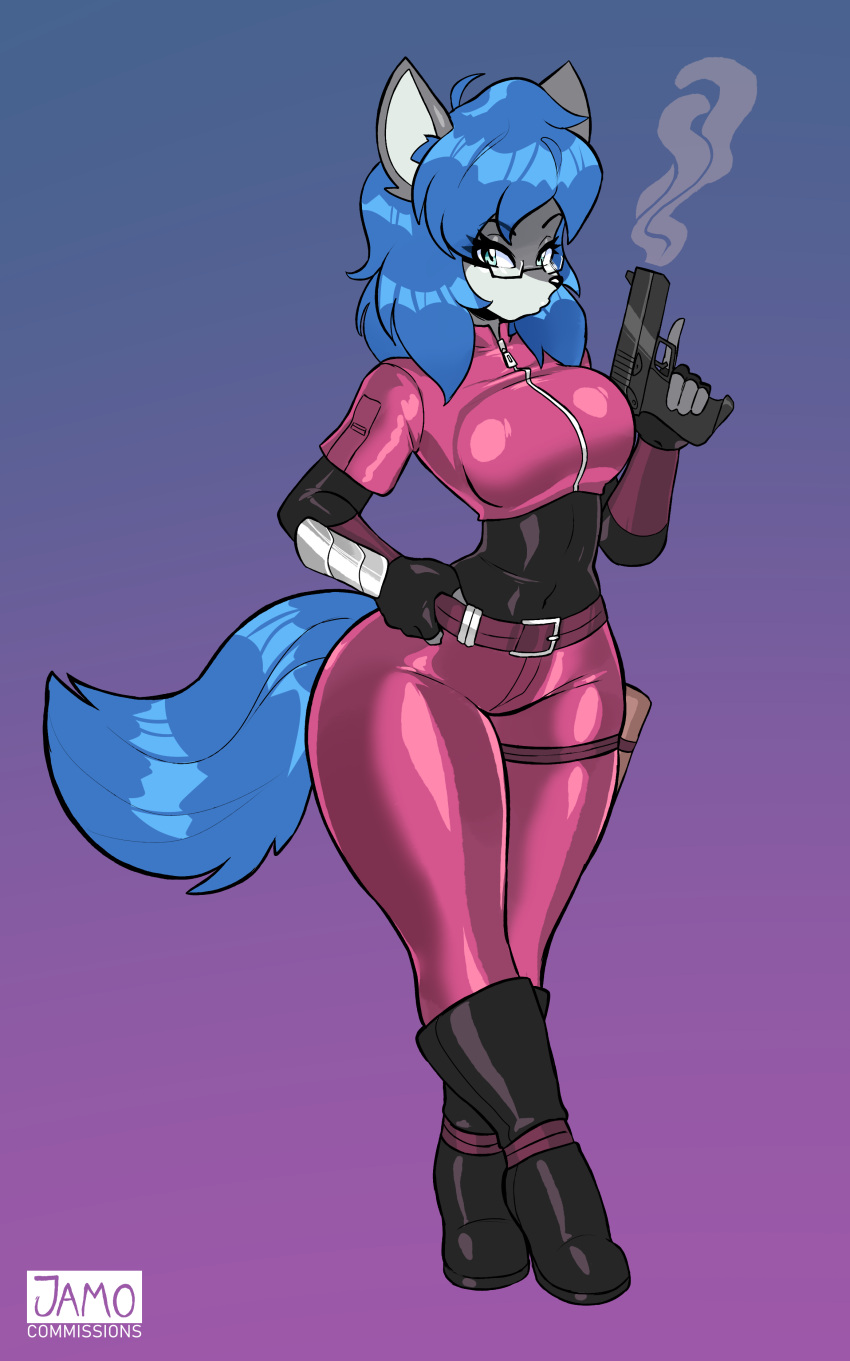 2024 absurd_res anthro belt blue_hair blue_tail boots breasts canid canine clothing eyebrows eyelashes eyewear female footwear glasses glistening glistening_clothing gun hair handgun hi_res jamoart looking_at_viewer mammal pistol ranged_weapon smoke solo tail teal_eyes weapon wide_hips