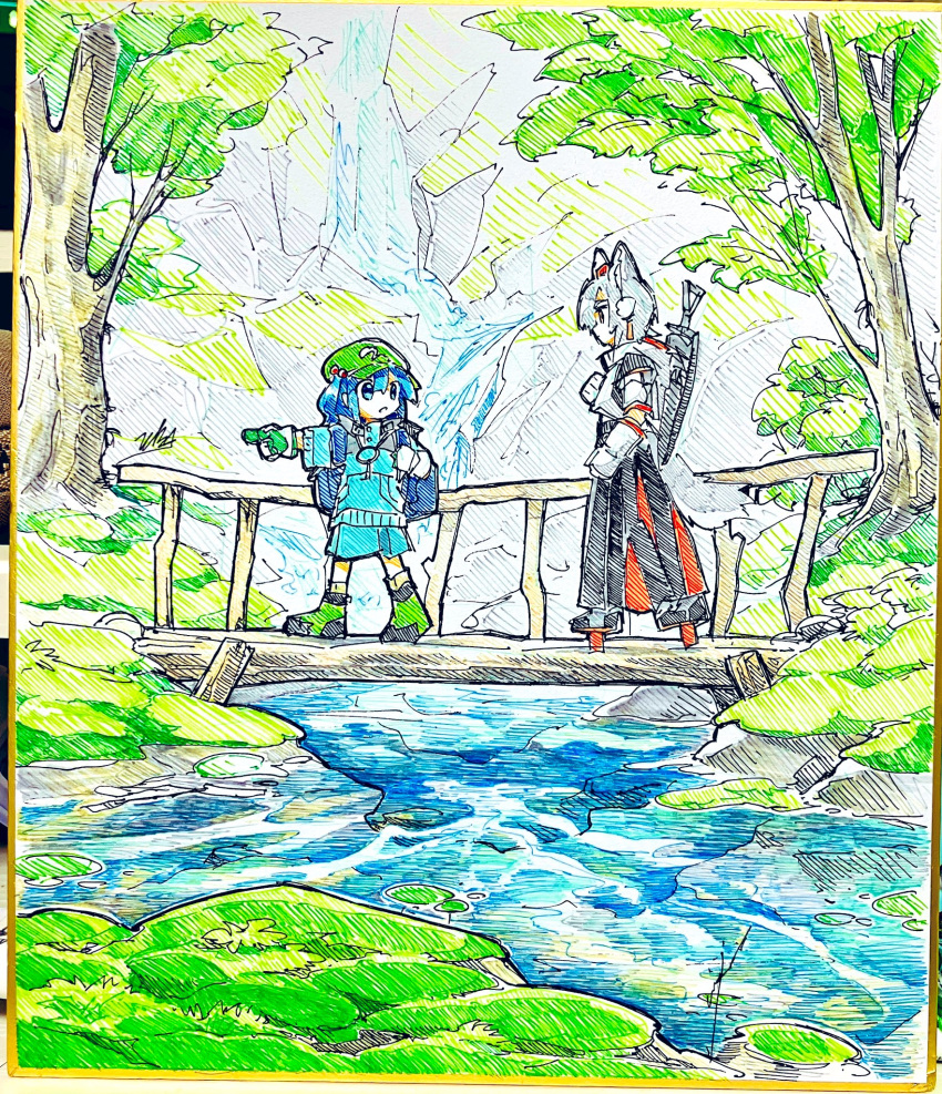 2girls adapted_costume animal_ears backpack bag black_skirt blue_eyes blue_hair blue_jacket blue_skirt boots bridge day doggo_1d34 geta gloves green_footwear green_gloves green_hat grey_hair hair_bobbles hair_ornament hat hatching_(texture) highres inubashiri_momiji jacket kawashiro_nitori looking_at_another multiple_girls nature outdoors pointing shikishi skirt standing stream sword sword_on_back tail tengu-geta touhou tree walking water weapon weapon_on_back white_gloves wide_shot wolf_ears wolf_girl wolf_tail