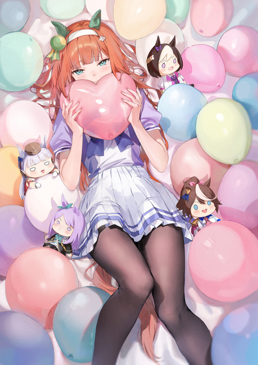 1girl animal_ears aqua_eyes balloon black_hair black_pantyhose blunt_bangs blush_stickers brown_hair character_doll closed_mouth commentary_request ear_covers emyo gold_ship_(umamusume) hair_ornament hairband heart_balloon highres holding holding_balloon horse_ears horse_girl horse_tail knees_together_feet_apart long_hair looking_at_viewer lying mejiro_mcqueen_(umamusume) multicolored_hair o_o on_back orange_hair pantyhose pleated_skirt puffy_short_sleeves puffy_sleeves purple_hair purple_shirt school_uniform shirt short_sleeves silence_suzuka_(umamusume) skirt smile solo special_week_(umamusume) streaked_hair tail tokai_teio_(umamusume) tracen_school_uniform umamusume white_hair white_hairband white_skirt