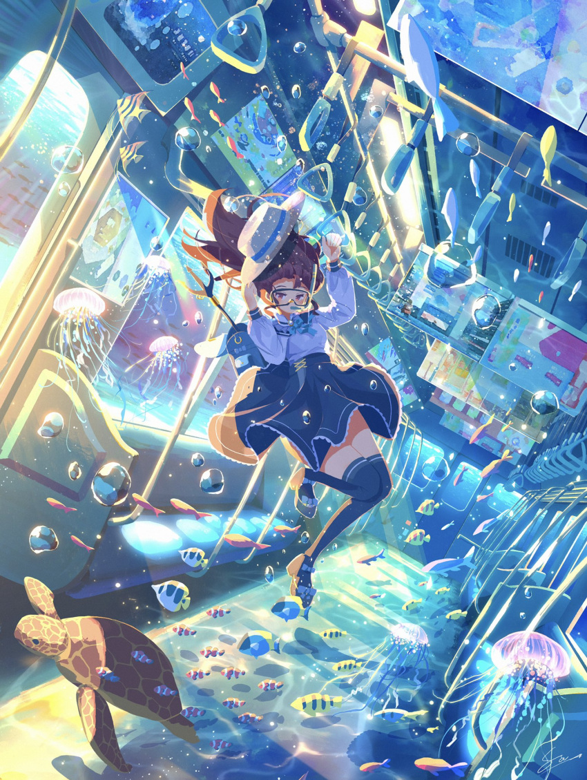 1girl air_bubble atelier_umiyury bag blue_skirt bow bowtie brown_hair bubble commentary fish footwear_ribbon hand_grip hat high-waist_skirt highres holding holding_clothes holding_hand_grip holding_hat immersed jellyfish long_hair long_sleeves original polearm sea_turtle shirt shoes skirt snorkel snorkel_in_mouth solo submerged subway sunlight thighhighs trident tropical_fish turtle underwater unworn_hat unworn_headwear weapon