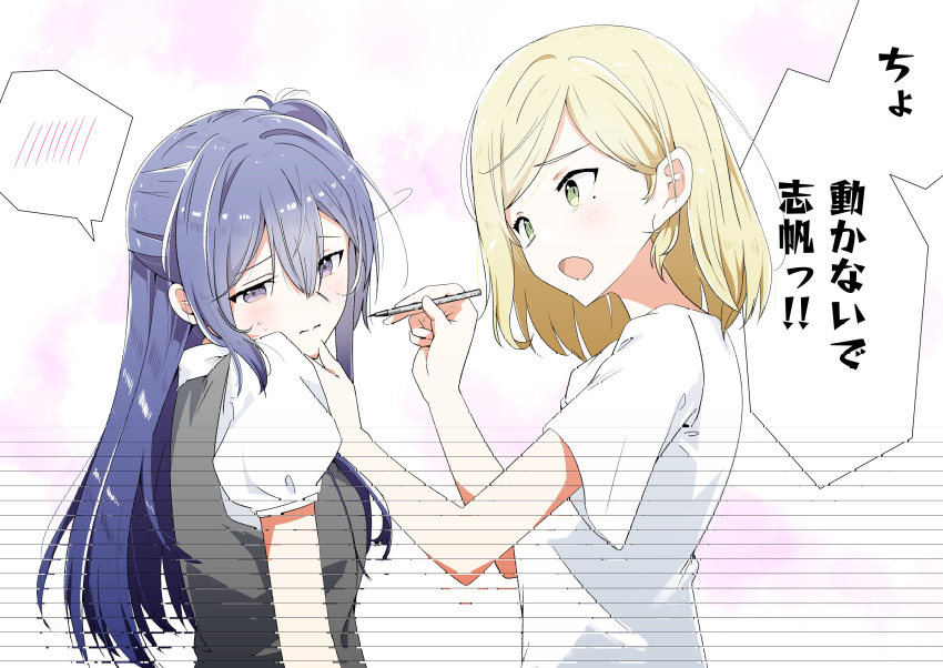 2girls absurdres applying_makeup averting_eyes black_dress blonde_hair blue_hair blush breasts closed_mouth commentary_request dress enshu_suruga glitch green_eyes hair_between_eyes half_updo hand_on_another's_chin highres izumi_shiho long_hair medium_hair mizuguchi_aki mole mole_under_eye multiple_girls nervous_sweating one_side_up open_mouth pinafore_dress puffy_short_sleeves puffy_sleeves purple_eyes sasayaku_you_ni_koi_wo_utau shirt short_sleeves sidelocks simple_background sleeveless sleeveless_dress small_breasts spoken_blush sweat translation_request white_background white_shirt