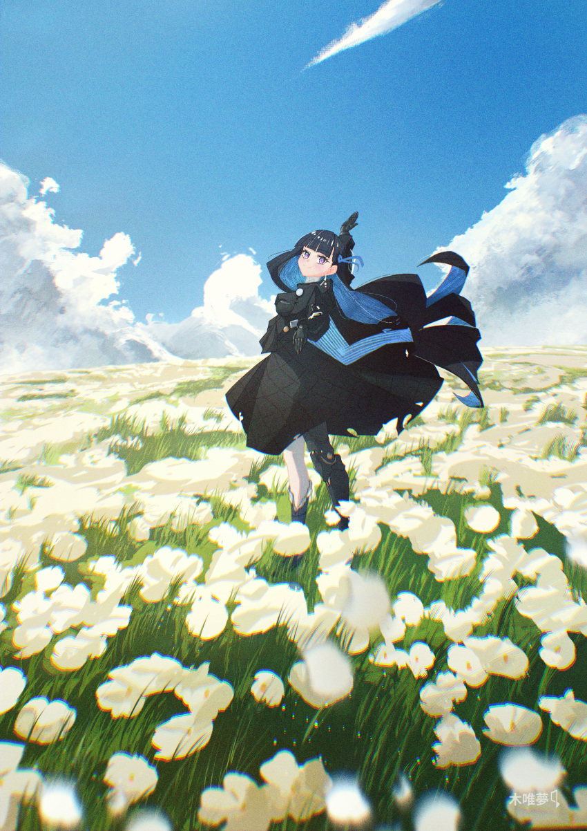 1girl absurdres black_dress black_hair blue_hair blue_ribbon blue_sky cloud colored_inner_hair dress english_commentary hair_ribbon highres long_hair long_sleeves mechanical_legs mechanization multicolored_hair punishing:_gray_raven purple_eyes puyuyan ribbon scenery selena:_tempest_(punishing:_gray_raven) selena_(punishing:_gray_raven) single_mechanical_leg sky very_long_hair