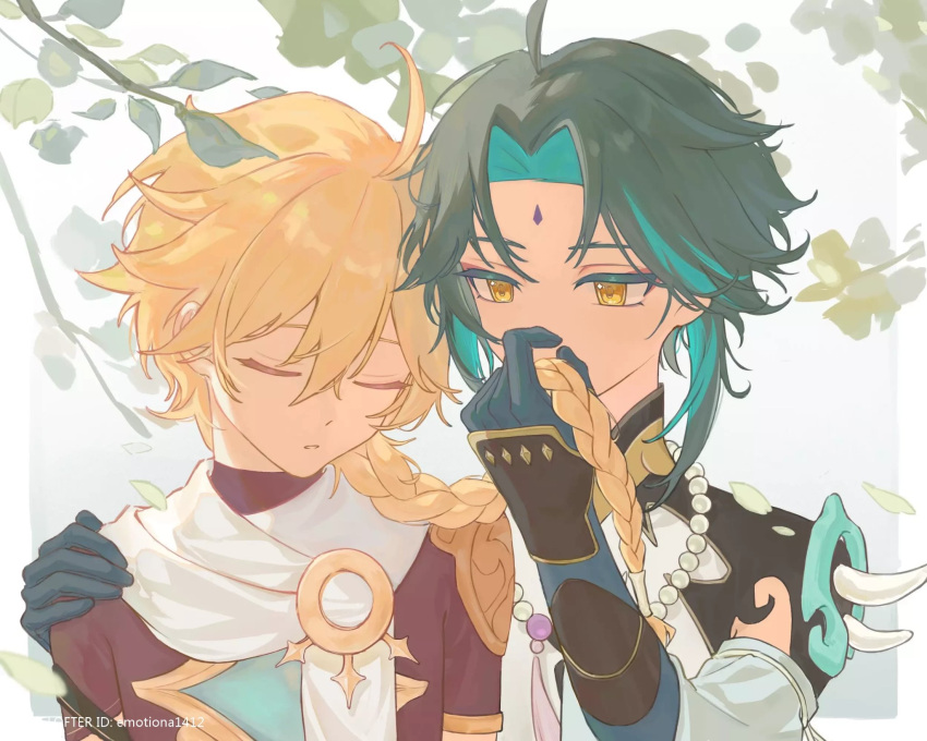 2boys aether_(genshin_impact) ahoge aqua_hair armor black_hair blonde_hair blue_gloves border braid branch brown_shirt closed_eyes closed_mouth covered_mouth detached_sleeves facial_mark forehead_mark genshin_impact gloves gold_trim gradient_background grey_background hair_between_eyes hand_on_another's_shoulder hands_up highres holding holding_hair jewelry leaf long_hair long_sleeves looking_at_another male_focus mandarin_collar multicolored_hair multiple_boys necklace outside_border pearl_necklace pveaxy1iikf1y9l scarf shirt short_hair short_sleeves shoulder_armor sidelocks simple_background single_bare_shoulder single_detached_sleeve sleeveless sleeveless_shirt tassel two-tone_hair upper_body white_border white_scarf white_shirt wide_sleeves xiao_(genshin_impact) yaoi yellow_eyes