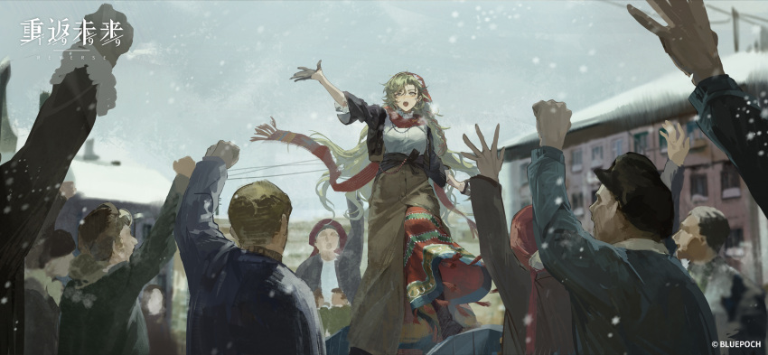 black_gloves blonde_hair braid button_up_skirt crowd gloves hands_up head_scarf highres long_hair official_art official_wallpaper open_mouth red_scarf reverse:1999 scarf snowflakes vila_(reverse:1999)