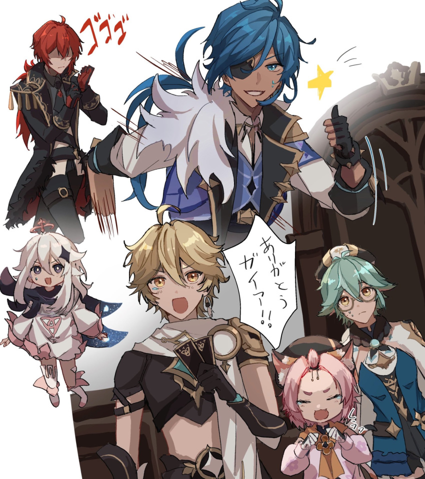 3boys 3girls 403pa aether_(genshin_impact) ahoge animal_ears antenna_hair aqua_hair arm_armor armor black_gloves black_hat black_jacket black_necktie black_pants black_scarf black_shirt blonde_hair blue_eyes blue_gemstone blue_hair blue_vest boots brown-framed_eyewear cape card cat_ears cat_girl clenched_hands closed_eyes closed_mouth collared_shirt constellation_print crystal_hair_ornament dark-skinned_male dark_skin diluc_(genshin_impact) diona_(genshin_impact) door dress earrings eyepatch fang fingerless_gloves floral_print flying fur_trim gem genshin_impact glasses gloves grey_hair grey_shirt hair_between_eyes hair_ornament halo hands_up hat highres holding holding_card jacket jewelry kaeya_(genshin_impact) lapels long_hair long_sleeves looking_at_another mechanical_halo menacing_(jojo) multiple_boys multiple_girls necktie no_eyes open_clothes open_jacket open_mouth open_vest orange_cape orange_eyes paimon_(genshin_impact) pants pink_dress pink_hair ponytail puffy_long_sleeves puffy_sleeves purple_eyes red_gemstone red_hair romper running scarf semi-rimless_eyewear shaded_face shirt short_hair short_sleeves shoulder_armor simple_background single_earring smile speech_bubble standing star_(symbol) sucrose_(genshin_impact) suit sweatdrop tassel teeth thumbs_up topknot v-shaped_eyebrows vest vision_(genshin_impact) white_background white_footwear white_hat white_romper white_scarf white_shirt white_vest yellow_eyes