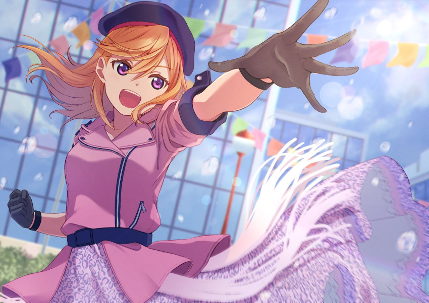 1girl beret black_gloves clenched_hand commentary_request floating_hair gloves hair_between_eyes hat highres jacket looking_at_viewer love_live! love_live!_superstar!! macken medium_hair open_mouth orange_hair outdoors purple_eyes purple_hat purple_jacket reaching reaching_towards_viewer shibuya_kanon sidelocks solo standing swept_bangs teeth upper_body upper_teeth_only we_will!!_(love_live!) wristband