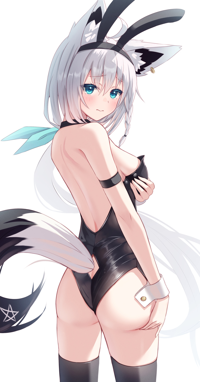 1girl absurdres ahoge alternate_costume animal_ear_piercing animal_ears aqua_eyes arm_strap arm_under_breasts ass backless_leotard black_collar black_leotard black_thighhighs blush braid breasts closed_mouth collar commentary_request detached_collar fake_animal_ears fox_ears fox_girl fox_tail from_behind hair_ribbon hand_on_own_ass highleg highleg_leotard highres hololive knees_out_of_frame leotard long_hair looking_at_viewer looking_back low_ponytail medium_breasts pentagram playboy_bunny rabbit_ears ribbon shirakami_fubuki side_braid sideboob sidelocks solo strapless strapless_leotard tail tail_through_clothes thighhighs togemaru34 very_long_hair virtual_youtuber white_hair wrist_cuffs