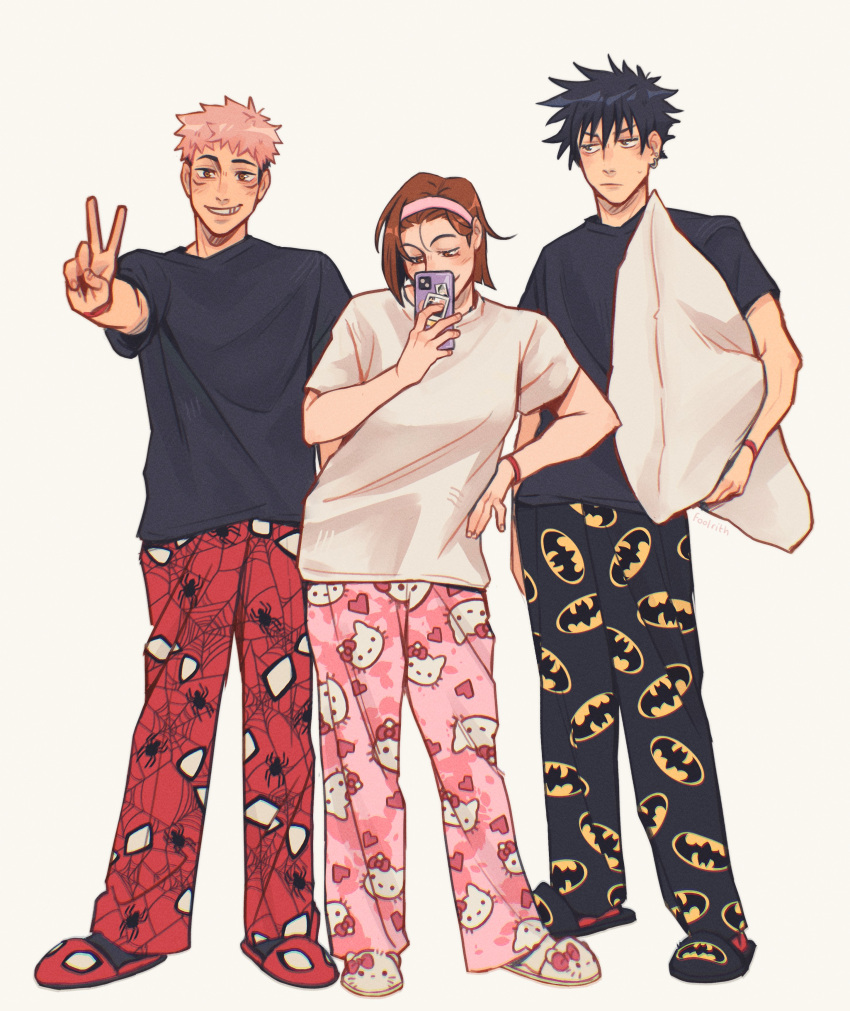 1girl 2boys absurdres batman_print black_jacket fool_rith fushiguro_megumi hello_kitty_print highres holding holding_phone itadori_yuuji jacket jujutsu_kaisen kugisaki_nobara multiple_boys pajamas phone pillow shirt simple_background slippers smile spider-man_print v white_shirt