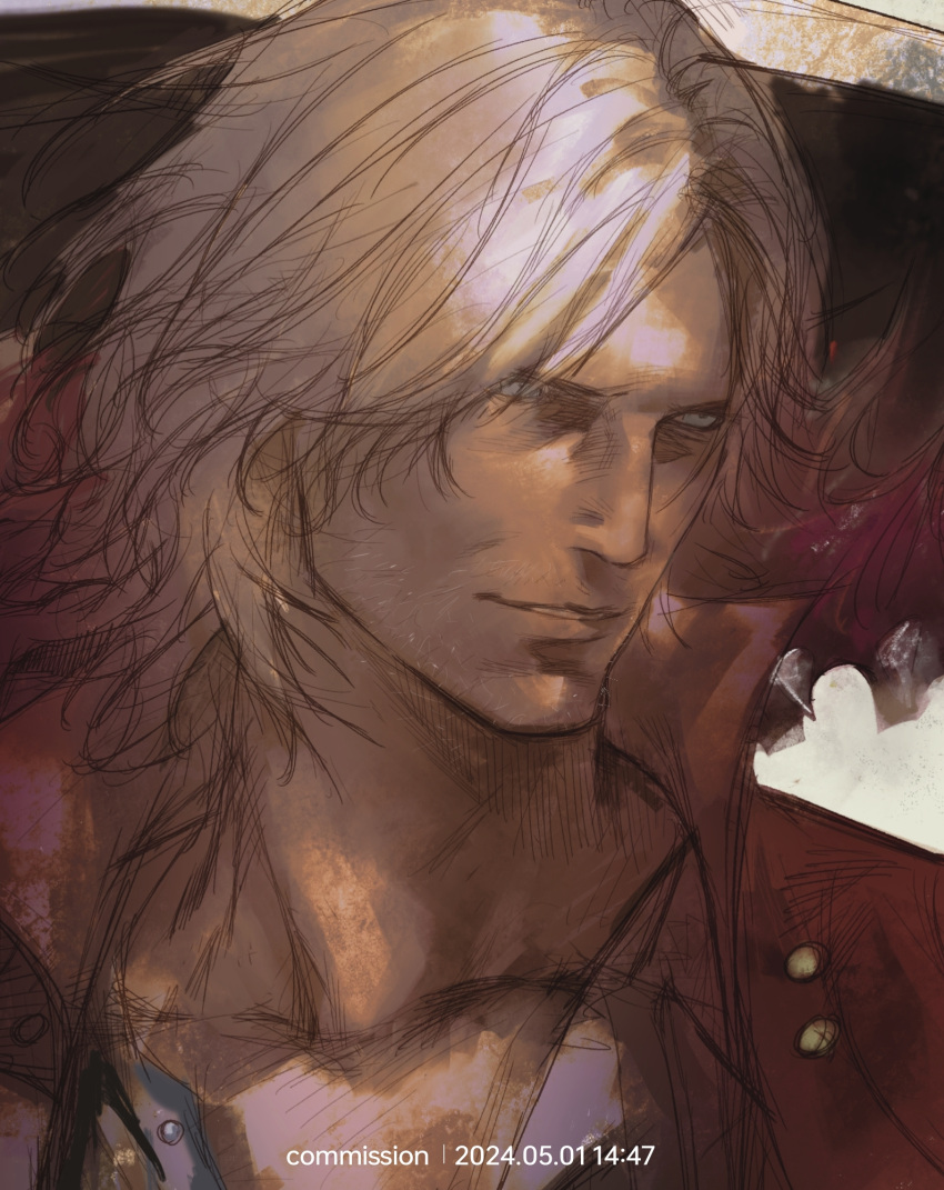 1boy blue_eyes close-up dante_(devil_may_cry) devil_may_cry_(series) devil_may_cry_5 facial_hair highres lips long_hair male_focus nose orr2kln3tjteydj portrait realistic smile white_hair