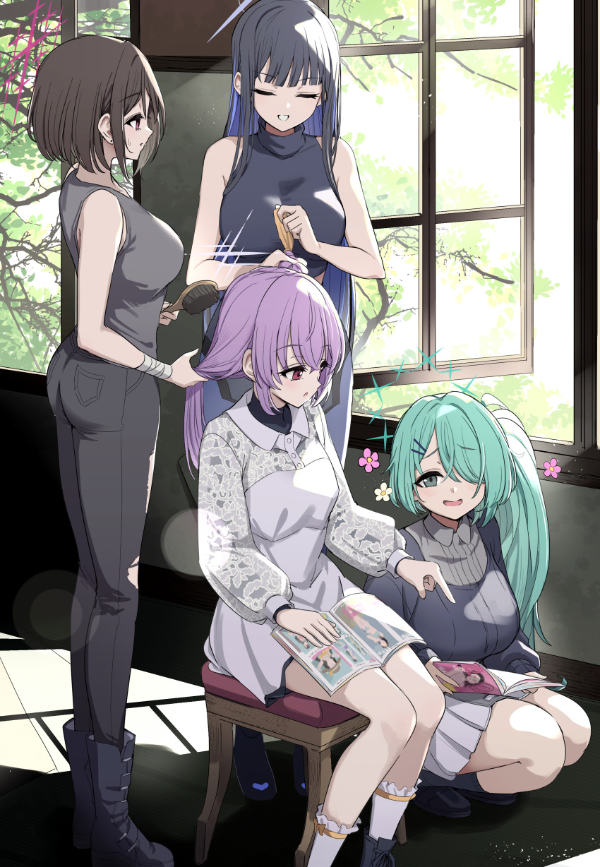 4girls absurdres aqua_hair arius_squad_(blue_archive) atsuko_(blue_archive) bandaged_wrist bandages black_hair black_pants black_shirt blue_archive blue_eyes blue_hair braiding_hair breasts brushing_hair dress flower green_eyes grey_shirt grey_tank_top hair_ornament hair_over_one_eye hairclip hairdressing halo highres hiyori_(blue_archive) large_breasts long_hair long_sleeves magazine_(object) medium_breasts misaki_(blue_archive) multicolored_hair multiple_girls open_mouth pants pizzasi purple_hair red_eyes saori_(blue_archive) shirt short_hair side_ponytail sitting skirt sleeveless sleeveless_turtleneck socks squatting tank_top turtleneck white_dress white_skirt white_socks window window_shadow