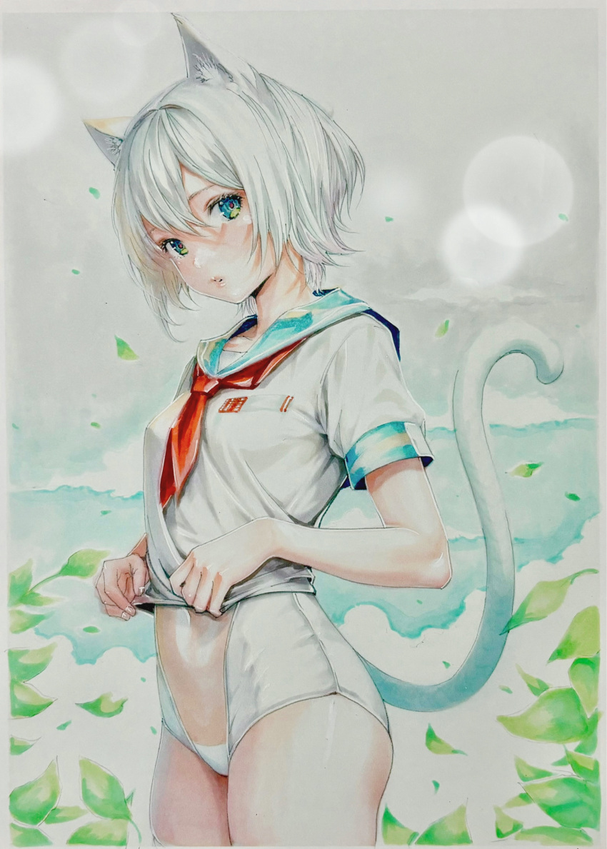 1girl absurdres animal_ear_fluff animal_ears blue_eyes cat_ears clothes_lift highres katsu_(24791909) looking_at_viewer neckerchief one-piece_swimsuit original red_neckerchief school_uniform see-through_swimsuit serafuku shirt_lift swimsuit swimsuit_under_clothes traditional_media white_hair white_one-piece_swimsuit white_serafuku