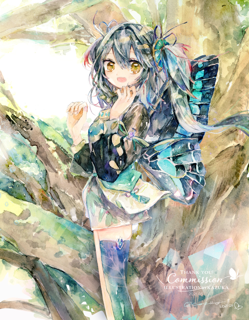 1girl black_hair black_shirt black_thighhighs butterfly_wings highres insect_wings kazuka long_hair long_sleeves looking_at_viewer looking_to_the_side miniskirt original painting_(medium) shirt skirt solo thighhighs traditional_media tree twintails watercolor_(medium) wings yellow_eyes zettai_ryouiki