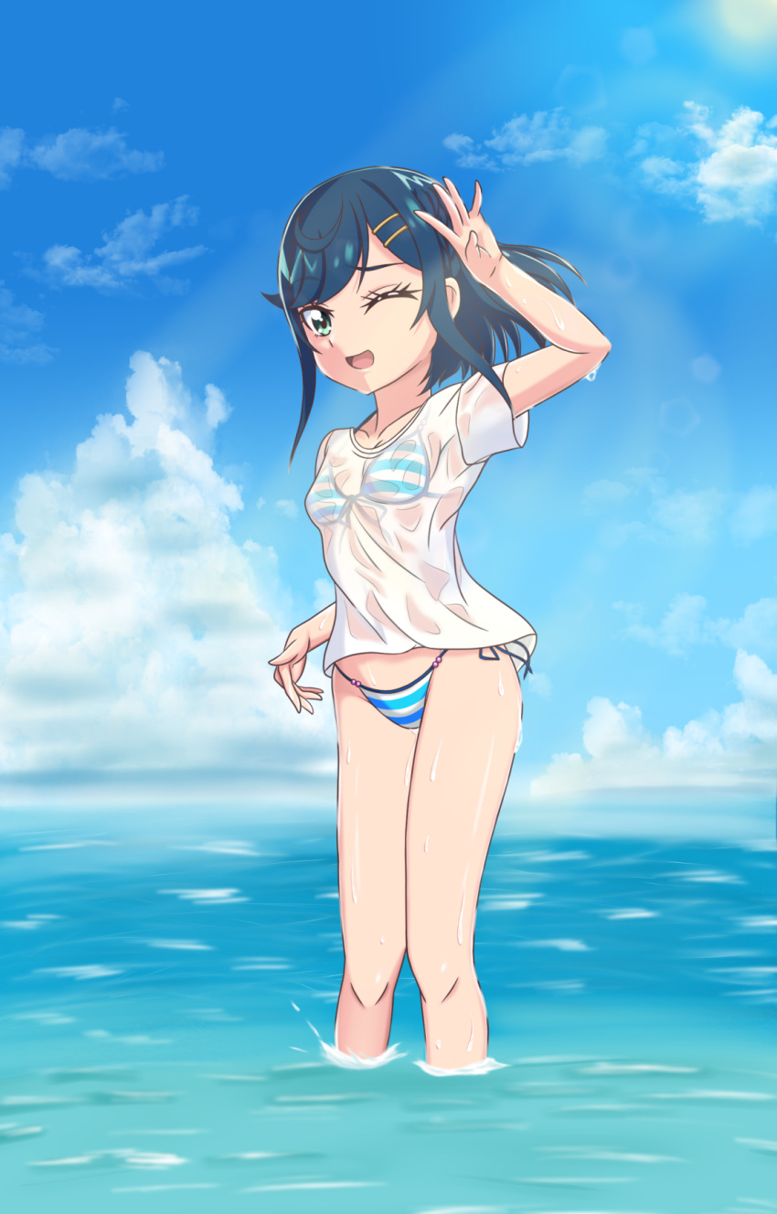 1girl bikini blue_hair blue_sky bob_cut breasts cloud cloudy_sky commentary day delicious_party_precure front-tie_bikini_top front-tie_top fuwa_kokone green_eyes hair_ornament hairclip highres horizon looking_at_viewer merit_(user_cmvj8887) no_pants ocean one_eye_closed open_mouth outdoors precure see-through shirt short_hair short_sleeves side-tie_bikini_bottom sky small_breasts smile solo standing striped_bikini striped_clothes swimsuit t-shirt wading water wet wet_clothes wet_shirt white_shirt wind