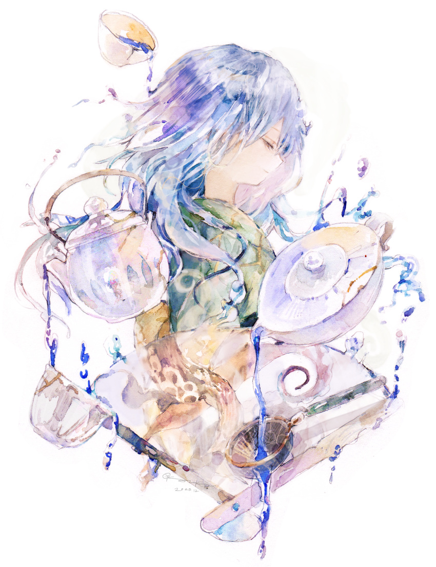 1girl blue_hair closed_eyes cup folding_fan from_side green_kimono hand_fan highres japanese_clothes kazuka kimono long_hair original painting_(medium) solo strainer teacup teapot traditional_media upper_body watercolor_(medium) white_background