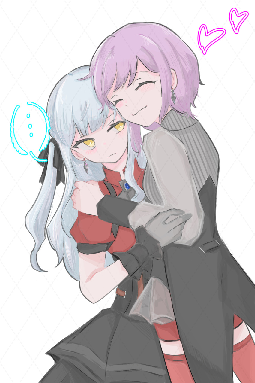... 2girls bang_dream! bang_dream!_it's_mygo!!!!! black_gloves black_jacket black_skirt blue_hair cheek-to-cheek closed_eyes closed_mouth collared_shirt commentary cowboy_shot earrings gloves grey_jacket hand_on_another's_arm hand_on_another's_shoulder heads_together heart highres jacket jewelry long_hair multiple_girls red_shirt red_shorts red_thighhighs see-through see-through_sleeves shirt shorts skirt solo spoken_ellipsis symbol-only_commentary thighhighs togawa_sakiko tuxedo white_background yellow_eyes yuri yuutenji_nyamu zaosoap20