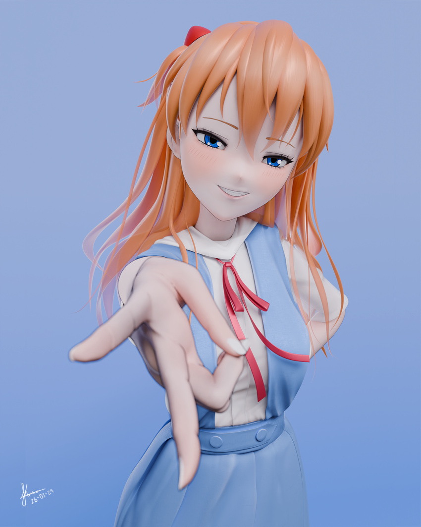 3d armpits blender_(medium) blue_eyes blush highres kleymir looking_at_viewer neon_genesis_evangelion orange_hair school_uniform smile souryuu_asuka_langley