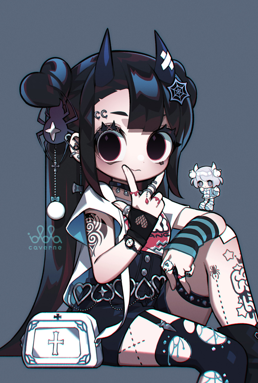 2girls artist_logo artist_name axe backpack bag bandages belt black_choker black_eyes black_hair black_horns bug choker clothing_cutout cross earrings eyebrow_piercing fingerless_gloves fishnet_cutout gloves grey_eyes grey_hair heart_cutout highres horns idola jewelry jirai_kei looking_at_viewer multiple_earrings multiple_girls original piercing ribbon shoulder_bag spider spider_tattoo spider_web_hair_ornament spiked_thigh_strap striped_arm_warmers tattoo thigh_strap watch white_bag white_horns white_ribbon wristwatch