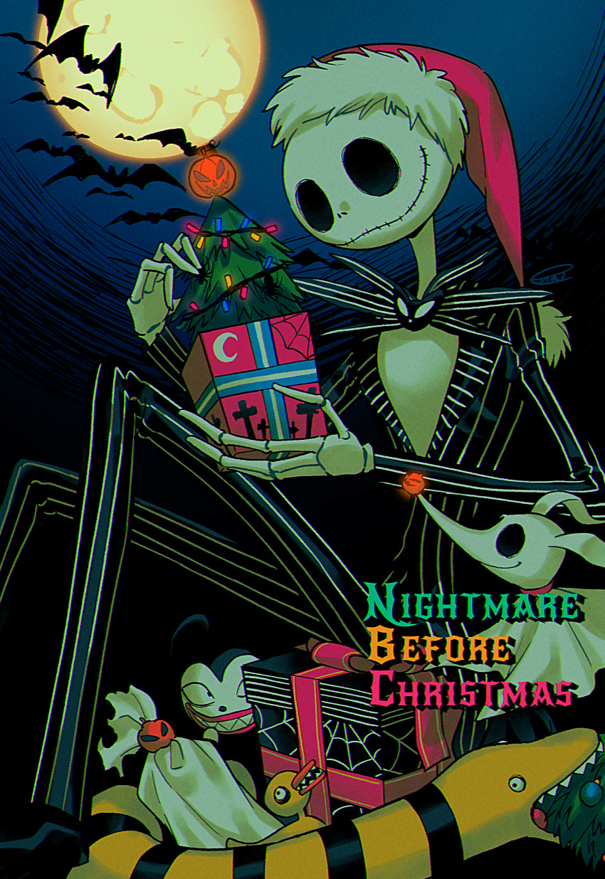 absurd_res ambiguous_gender anatid animated_skeleton anseriform avian bird bone canid canine canis christmas christmas_tree clothed clothing copyright_name domestic_dog duck enaic31 female feral ghost group hi_res holidays humanoid jack_skellington mammal plant sharp_teeth skeleton spirit teeth text the_nightmare_before_christmas tree undead zero_(tnbc)