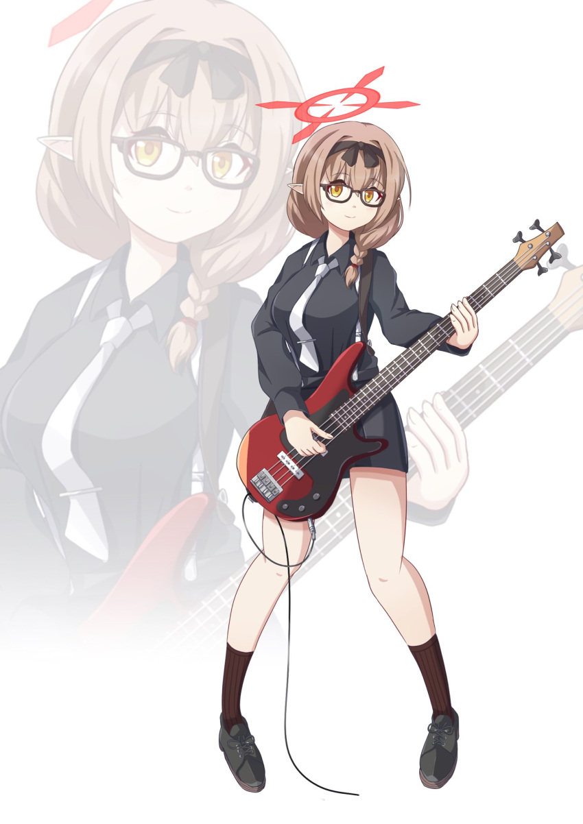 1girl alternate_costume alternate_hairstyle bass_guitar black_footwear black_shirt black_skirt blue_archive braid brown_hair brown_socks chinatsu_(blue_archive) collared_shirt commentary_request full_body glasses hair_between_eyes hairband halo highres holding holding_instrument instrument kneehighs long_hair long_sleeves looking_at_viewer music necktie pencil_skirt playing_instrument pointy_ears shirt shoes sidelocks simple_background single_braid skirt smile sneakers socks solo standing tie_clip white_necktie yellow_eyes yukimi_unagi zoom_layer