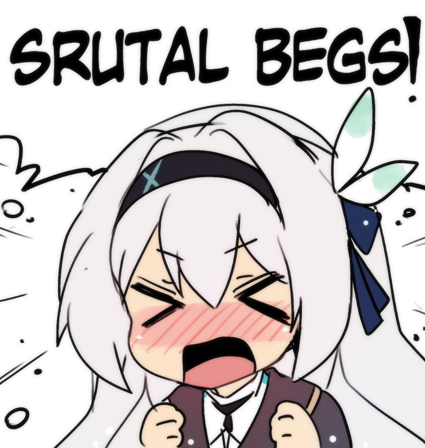 &gt;_&lt; 1girl black_hairband black_jacket blue_bow blush bow commentary firefly_(honkai:_star_rail) hair_bow hairband highres hinghoi honkai:_star_rail honkai_(series) jacket long_hair meme nose_blush open_mouth portrait seggs_(meme) shirt solo very_long_hair white_hair white_shirt