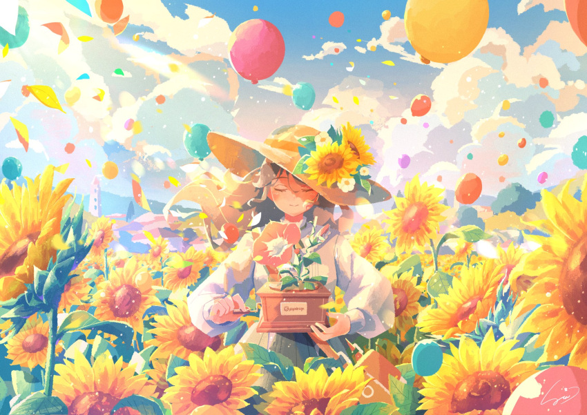 1girl atelier_umiyury balloon blue_sky brown_hair closed_eyes cloud cloudy_sky commentary day dress facing_viewer field flower flower_field green_dress hat hat_flower highres holding light_smile long_hair long_sleeves original outdoors petals phonograph plant signature sky solo sunflower wind yellow_flower