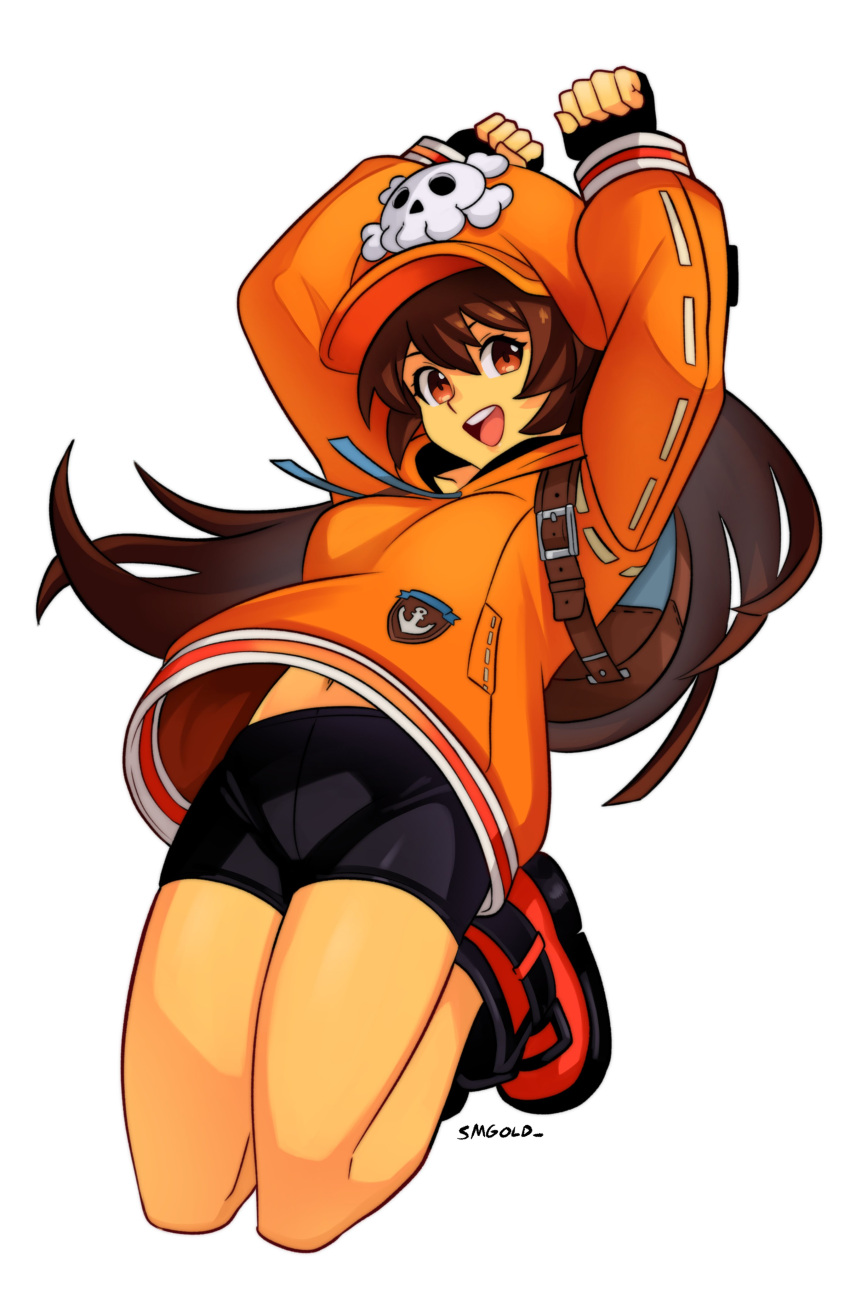 1girl :d absurdres arms_up bike_shorts black_gloves blush breasts brown_eyes brown_hair cabbie_hat english_commentary fingerless_gloves full_body gloves guilty_gear hat highres hood hoodie long_hair long_sleeves looking_at_viewer may_(guilty_gear) navel open_mouth orange_hat orange_hoodie skull_and_crossbones smgold smile solo teeth upper_teeth_only white_background