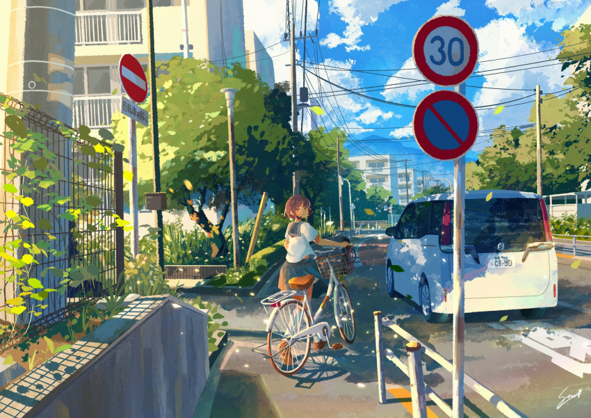 1girl atelier_umiyury bag bicycle bicycle_basket blue_sailor_collar blue_sky brown_hair building car cloud commentary day fence highres motor_vehicle original outdoors plant pleated_skirt power_lines pushing_bicycle road road_sign sailor_collar scenery school_uniform serafuku shirt short_sleeves sign signature skirt sky solo stop_sign street tree utility_pole white_shirt wind