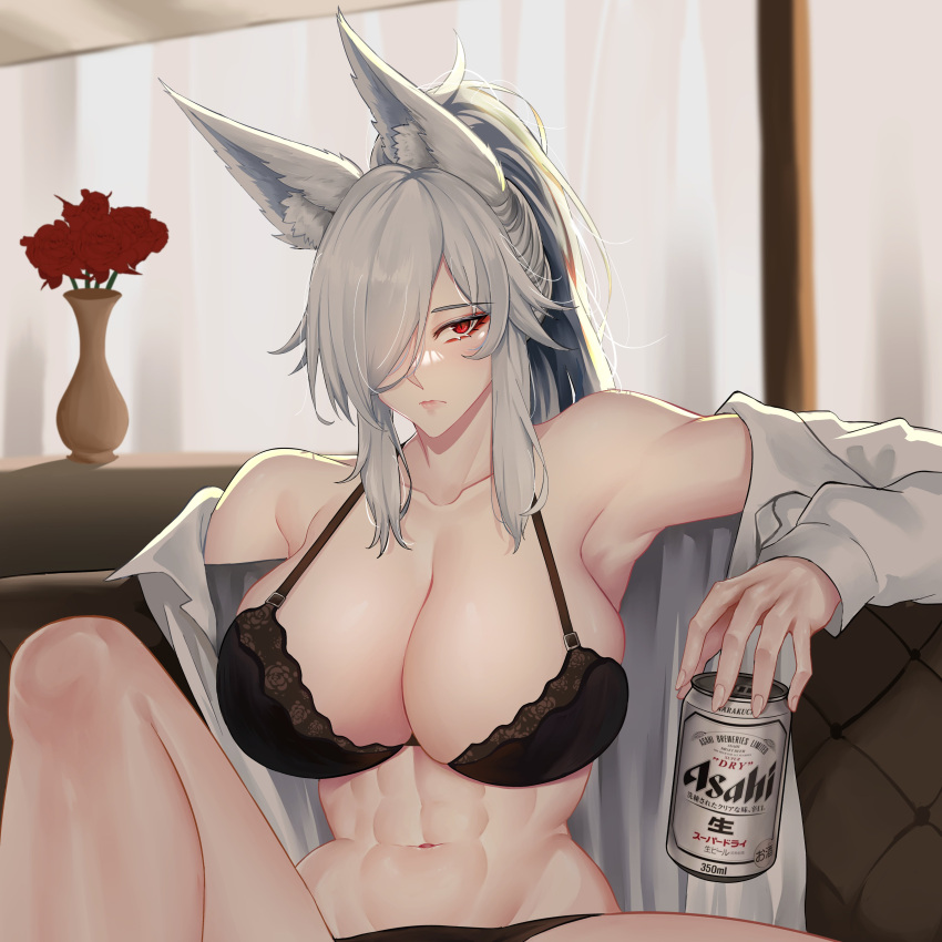 1girl abs absurdres animal_ear_fluff animal_ears asahi_breweries bare_shoulders black_bra black_panties bra breasts can cleavage collarbone couch deroo discordia_(vtuber) eyelashes floral_print flower fox_ears fox_girl grey_hair hair_over_one_eye highres holding holding_can indie_virtual_youtuber long_hair navel on_couch open_clothes open_shirt panties ponytail red_eyes red_flower red_rose rose rose_print second-party_source solo underwear vase virtual_youtuber