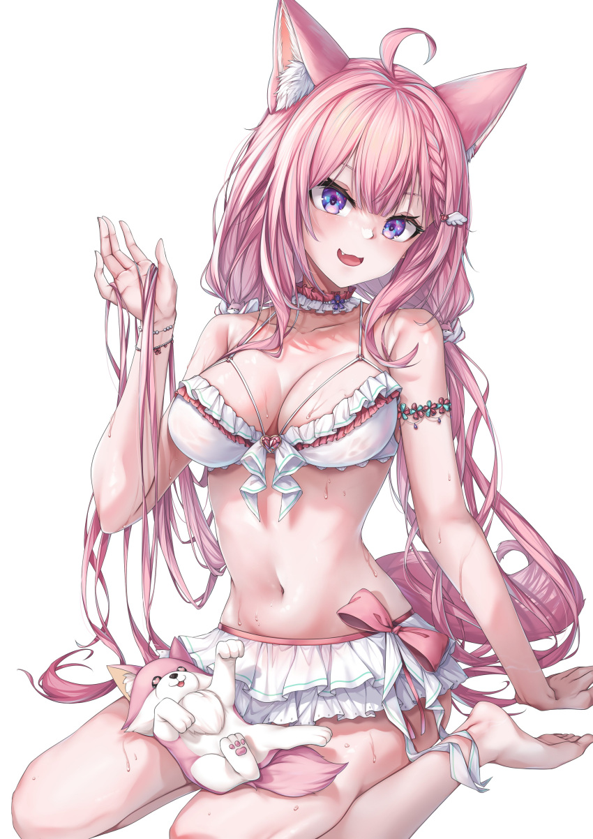 1girl :3 absurdres ahoge animal_ear_fluff animal_ears animal_on_lap arched_soles arm_support armlet bare_legs bare_shoulders barefoot bikini blush bow braid braided_bangs breasts choker cleavage dincat fang feet fingernails frilled_bikini frilled_choker frills hair_between_eyes hair_ornament hair_scrunchie hakui_koyori hakui_koyori_(summer) heart heart-shaped_pupils heart_bikini heart_hair_ornament heart_in_eye highres hololive kokoro_(hakui_koyori) large_breasts legs long_hair looking_at_viewer low_twintails navel official_alternate_costume official_alternate_hairstyle on_lap open_mouth pink_bow pink_choker pink_hair purple_eyes scrunchie simple_background sitting smile soles stomach swimsuit symbol-shaped_pupils symbol_in_eye tail thighs toes twintails virtual_youtuber white_background white_bikini white_choker white_scrunchie wing_hair_ornament wolf_ears wolf_girl wolf_tail wrist_bobbles