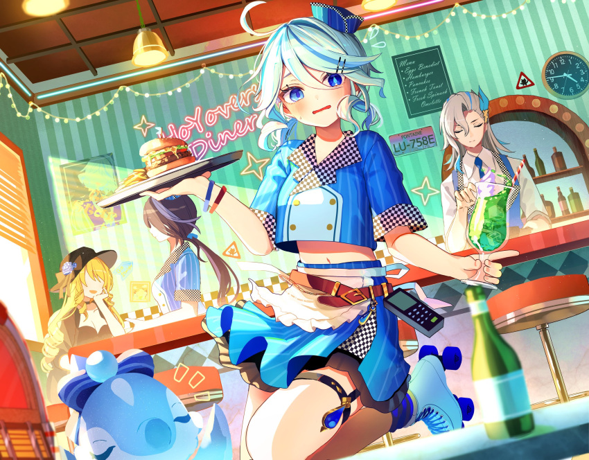 1boy 3girls ahoge alternate_costume black_hair black_hat blonde_hair blue_eyes blue_hair blue_shirt blue_skirt burger chiroron clorinde_(genshin_impact) crop_top food furina_(genshin_impact) genshin_impact hair_between_eyes hat heterochromia highres long_hair looking_at_viewer midriff multicolored_hair multiple_girls navel navia_(genshin_impact) neuvillette_(genshin_impact) ponytail shirt skirt stomach streaked_hair surintendante_chevalmarin white_hair