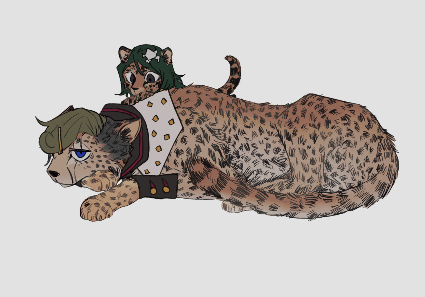 2boys animalization blue_eyes cheetah facial_mark father_and_son green_hair hair_ornament higashikata_jobin higashikata_tsurugi highres jojo_no_kimyou_na_bouken jojolion lying male_focus multiple_boys paper_moon_king size_difference spotted_fur swampland white_background wrist_cuffs