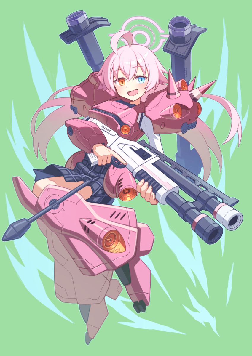 1girl ahoge armor bazooka_(gundam) beretta_1301 black_skirt blue_archive blue_eyes blush commentary_request cosplay fang floating_hair flying green_background gun gundam gundam_0080 hair_between_eyes halo heterochromia hibun_tsukasa highres holding holding_gun holding_weapon hoshino_(blue_archive) kampfer_(mobile_suit) kampfer_(mobile_suit)_(cosplay) long_hair long_sleeves looking_at_viewer mecha_musume open_mouth pink_hair pink_halo plaid plaid_skirt pleated_skirt shirt shotgun shoulder_spikes skirt smile solo spikes sturm_faust trigger_discipline very_long_hair weapon white_shirt yellow_eyes