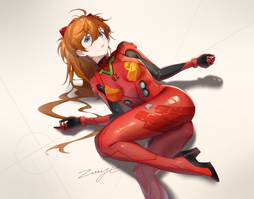 1girl absurdres artist_name ass blue_eyes bodysuit breasts cameltoe commentary commentary_request hair_between_eyes hair_ornament hands_up high_heels highres interface_headset long_hair looking_at_viewer multicolored_bodysuit multicolored_clothes neon_genesis_evangelion on_floor on_ground orange_hair parted_lips pilot_suit plugsuit red_bodysuit shadow solo souryuu_asuka_langley test_plugsuit two_side_up zoooyt