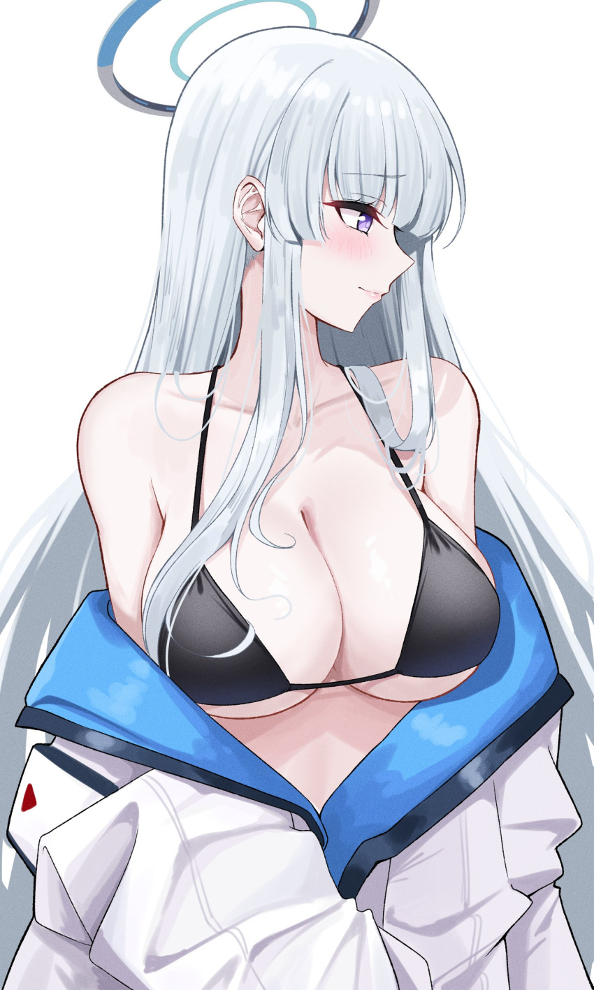 1girl absurdres bikini black_bikini blue_archive blush breasts cleavage collarbone grey_hair halo highres jacket large_breasts long_hair looking_to_the_side mechanical_halo noa_(blue_archive) purple_eyes reia_76 shirt solo swimsuit undressing unworn_clothes very_long_hair white_background white_hair white_jacket white_shirt