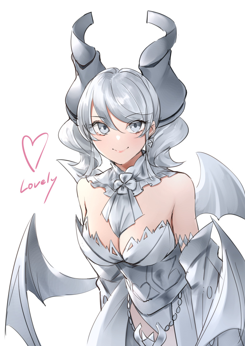 1girl absurdres bare_shoulders breasts cleavage cowboy_shot demon_girl demon_horns demon_wings dress duel_monster grey_eyes grey_hair heart highres horns large_breasts lovely_labrynth_of_the_silver_castle medium_hair meshida_(lux-far-accelerator) simple_background smile solo strapless strapless_dress twintails white_background white_dress wings yu-gi-oh!