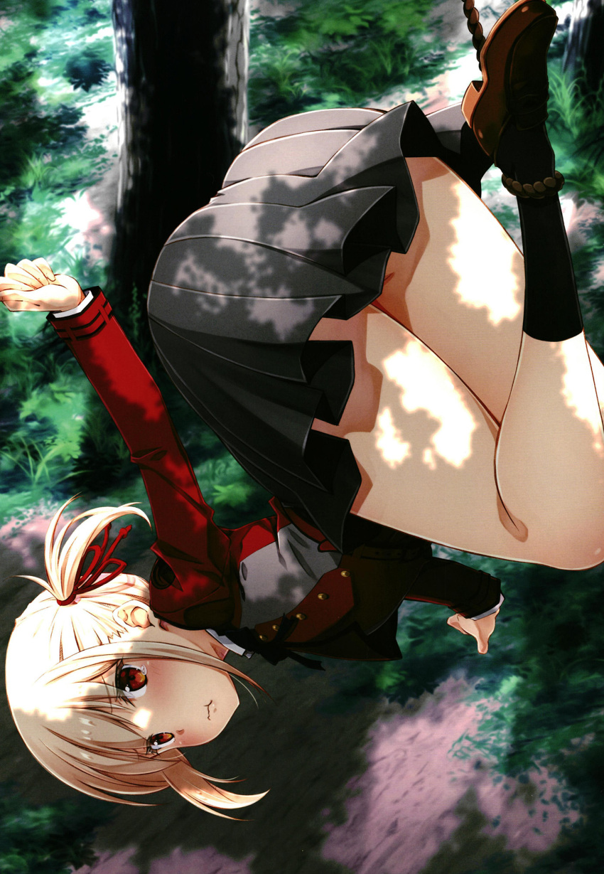 1girl ass blonde_hair blush closed_mouth forest hair_ribbon highres izumi_mahiru looking_at_viewer lycoris_recoil miniskirt nature nishikigi_chisato non-web_source orange_eyes outdoors ribbon school_uniform short_hair skirt solo tears wavy_mouth