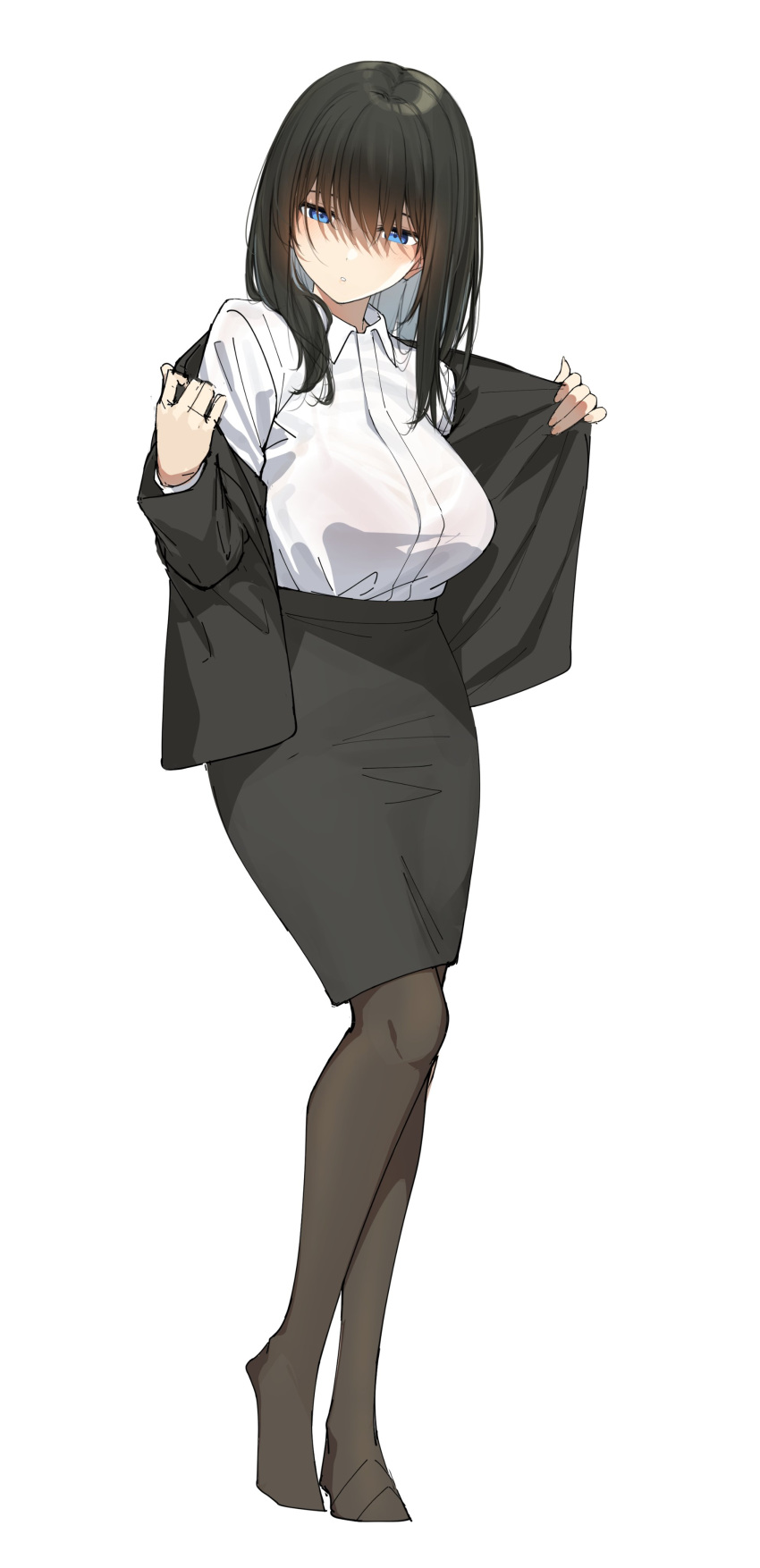 1girl absurdres black_hair black_skirt black_suit blue_eyes blush breasts go-1 hair_between_eyes highres idolmaster idolmaster_cinderella_girls large_breasts long_hair office_lady pantyhose sagisawa_fumika shirt skirt solo suit undressing white_shirt