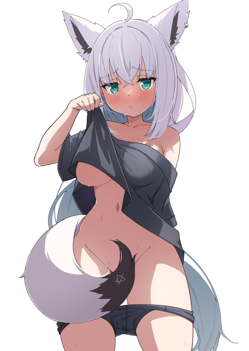 1girl absurdres ahoge animal_ear_fluff animal_ear_piercing animal_ears aqua_eyes arm_behind_back black_panties black_shirt blush breasts clothes_lift collarbone commentary_request contrapposto convenient_censoring crossed_bangs eru_(l_illust45) fox_ears fox_girl fox_tail hair_between_eyes highres hololive knees_out_of_frame large_breasts long_hair looking_at_viewer low_ponytail navel no_bra off_shoulder official_alternate_costume panties panty_pull pentagram puckered_lips shirakami_fubuki shirakami_fubuki_(loungewear) shirt shirt_lift sidelocks simple_background solo standing t-shirt tail tail_censor underwear very_long_hair virtual_youtuber white_background white_hair