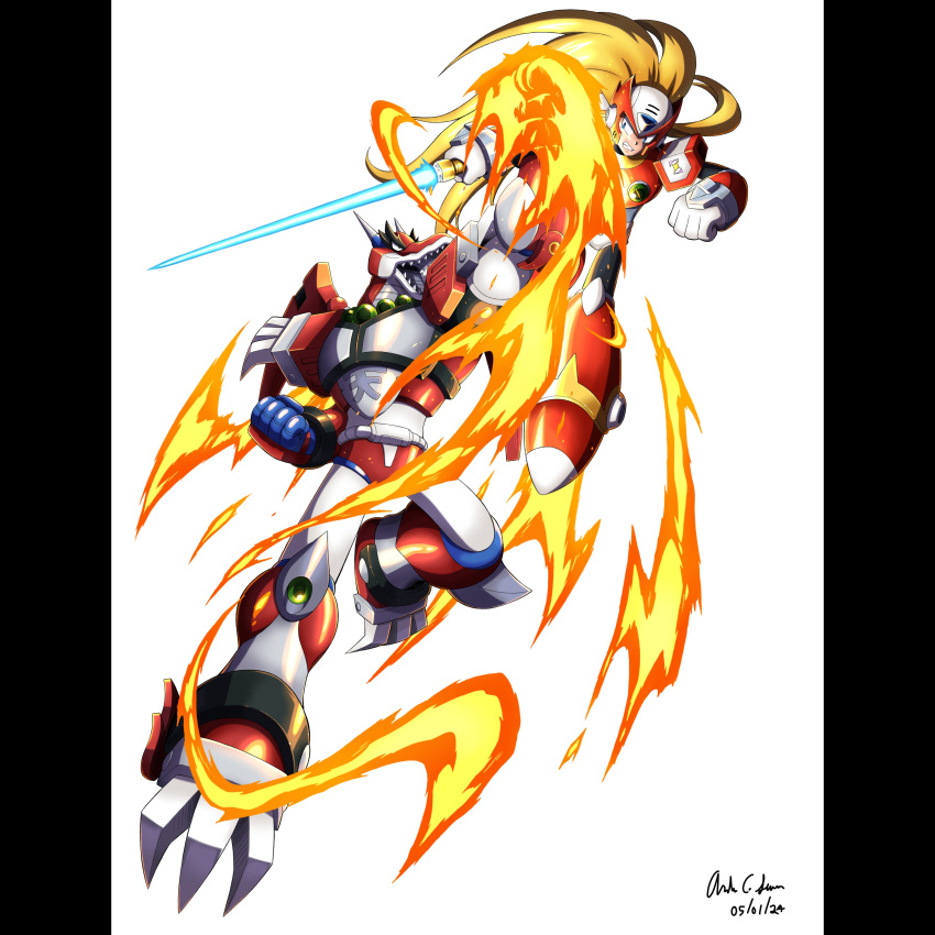 2boys absurdres android armor blonde_hair chest_jewel clenched_hands dated dragon energy_sword fighting flaming_hand forehead_jewel full_body helmet highres holding holding_sword holding_weapon humanoid_robot innovator123 long_hair magma_dragoon_(mega_man) male_focus mechanical_wings mega_man_(series) mega_man_x4 mega_man_x_(series) multiple_boys non-humanoid_robot open_mouth pillarboxed red_armor red_helmet robot robot_dragon sharp_teeth shoulder_armor shouryuuken simple_background sword teeth uppercut weapon white_background wings z_saber zero_(mega_man)