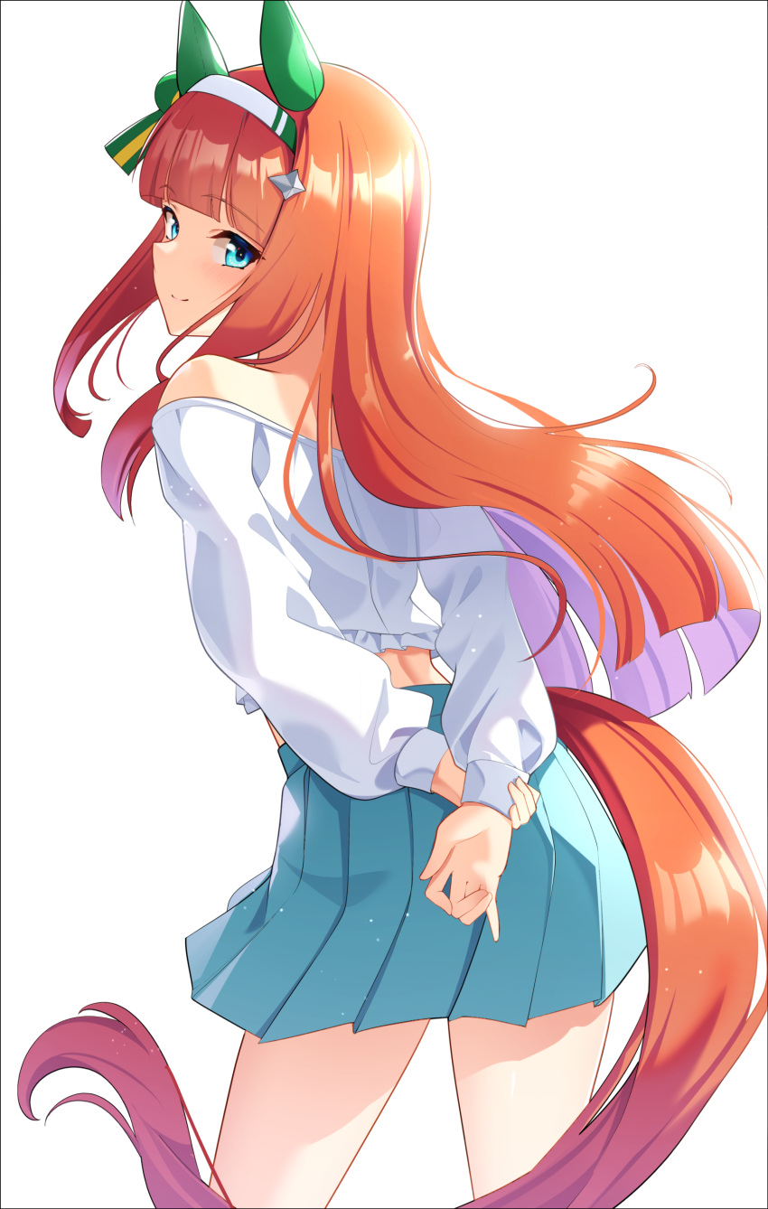 1girl absurdres animal_ears aqua_eyes back blue_skirt blunt_bangs ear_covers highres horse_ears horse_girl horse_tail long_hair long_sleeves looking_at_viewer looking_back orange_hair puffy_long_sleeves puffy_sleeves shirt silence_suzuka_(umamusume) simple_background skirt smile solo sunny_(20597521) tail umamusume white_background white_shirt