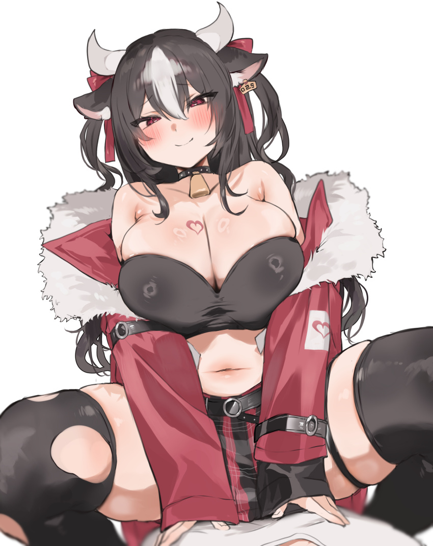 1boy 1girl absurdres animal_ears bell belt black_belt black_hair black_skirt black_thighhighs breasts cleavage closed_mouth colored_skin commentary_request copyright_request cow_ears cow_horns cowbell ear_tag funyo_(masa) fur-trimmed_jacket fur_trim girl_on_top hair_between_eyes hair_ribbon heart hetero highres horns huge_breasts jacket long_hair long_sleeves looking_at_viewer midriff miniskirt multicolored_hair multicolored_skin navel neck_bell off_shoulder open_clothes open_jacket pov red_eyes red_jacket red_ribbon red_skirt ribbon shiny_skin simple_background skirt sleeves_past_wrists smile solo_focus spread_legs thigh_strap thighhighs torn_clothes torn_thighhighs two-tone_hair two-tone_skin two_side_up white_background white_hair