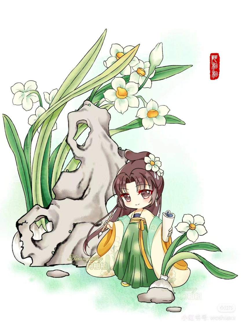 chibi chinese_clothes daffodil flower hanfu highres non-web_source qixiong_ruqun rockero ruqun