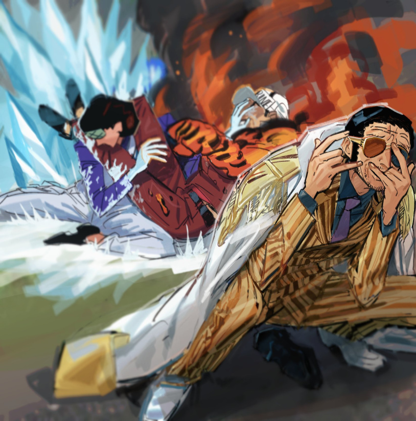 3boys black_hair borsalino_(kizaru) cryokinesis devil_fruit_power doodlz1p double_w duel facial_hair fire full_body highres kuzan_(aokiji) lava long_sideburns male_focus mature_male multiple_boys one_piece pants parody_request photo-referenced pyrokinesis sakazuki_(akainu) short_hair sideburns squatting stubble sunglasses w wrinkled_skin