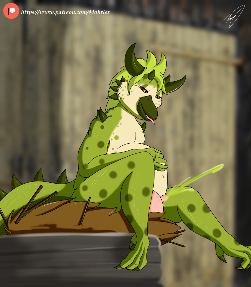 absurd_res ambiguous_gender anthro avian avian_feet beak belly big_belly bird bodily_fluids bovid bovine brown_eyes brown_sclera claws digital_media_(artwork) feet fur green_body green_fur hair hi_res horn hybrid lactating long_tail looking_pleasured mammal markings milk mohrlex nude open_mouth overweight overweight_anthro pregnant solo spikes tail talons teats toes tongue udders white_body white_fur