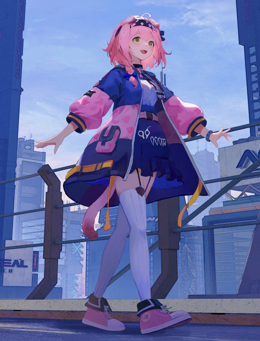 1girl :d absurdres ahoge animal_ears arknights belt black_bow black_collar black_hairband blue_bow blue_jacket blue_skirt blue_sky bohe_midiexiang bow bracelet braid breasts building cat_ears cat_girl cat_tail cityscape collar commentary_request from_below garter_straps goldenglow_(arknights) hair_bow hair_ornament hairband hairclip high-waist_skirt highres id_card jacket jewelry lightning_bolt_print long_hair looking_ahead medium_breasts multicolored_clothes multicolored_jacket open_clothes open_jacket open_mouth outdoors outstretched_arms pink_belt pink_footwear pink_hair pink_jacket pleated_skirt pocket scissors shirt side_braid single_braid skirt sky skyscraper sleeves_past_elbows smile solo tail teeth thighhighs upper_teeth_only walking white_shirt white_thighhighs yellow_eyes