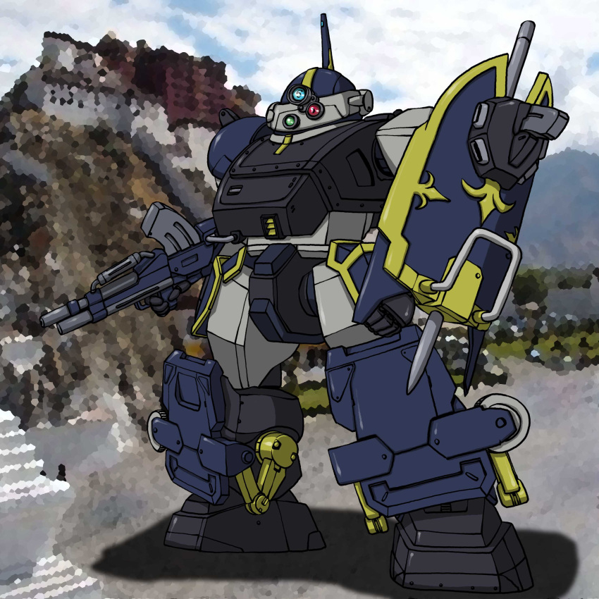 absurdres arm_shield armor armored_trooper berserga black_armor blue_armor bolt censored censored_background extra_eyes fleur-de-lis gun highres hirodango holding holding_gun holding_weapon joints mecha mechanical_parts mosaic_background mosaic_censoring robot robot_joints shield soukou_kihei_votoms weapon yellow_trim