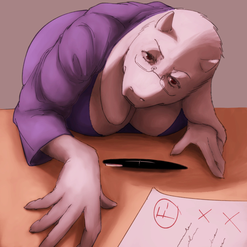 1:1 2024 anthro boss_monster_(undertale) bovid breasts caprine cleavage clothed clothing deltarune down_blouse eyewear female fur glasses goat hi_res horn komm64 leaning leaning_forward looking_at_viewer mammal mature_female pen solo toriel undertale_(series) white_body white_fur