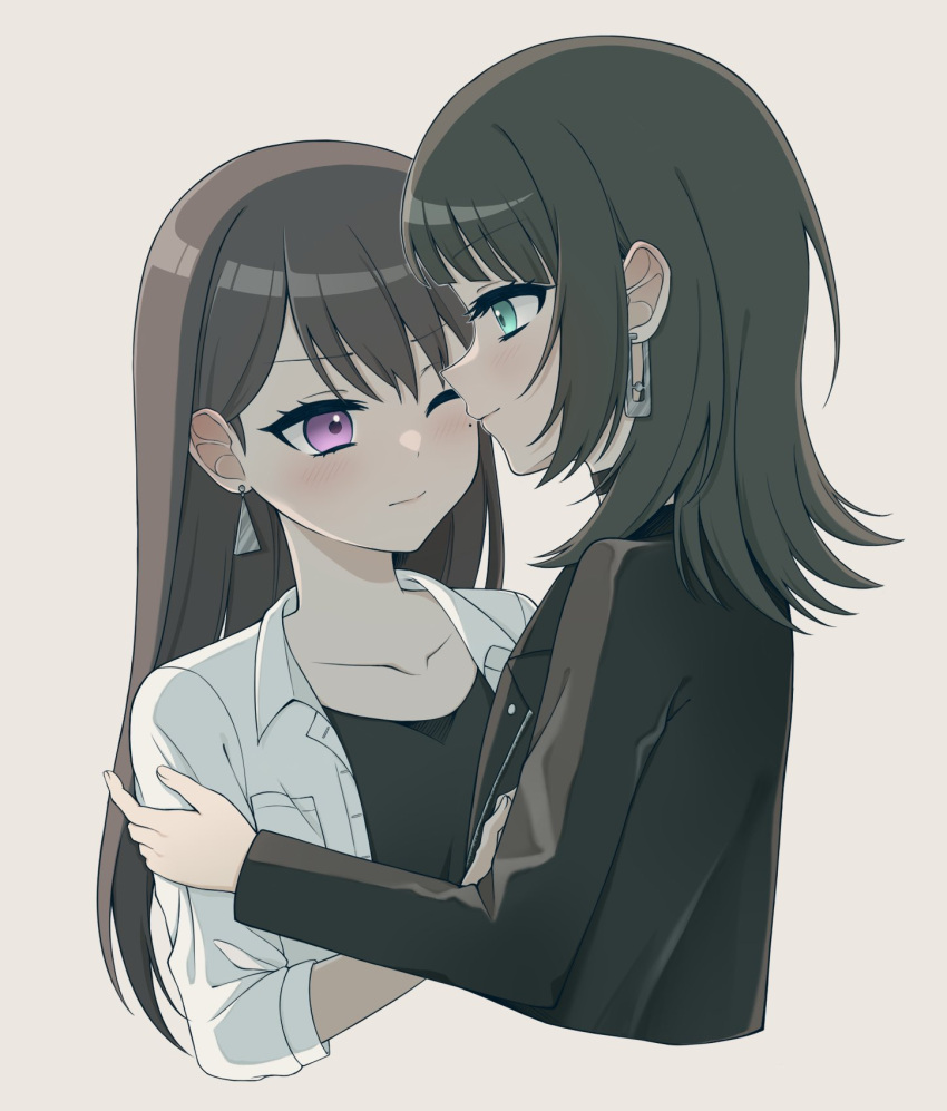 2girls aqua_eyes bang_dream! bang_dream!_it's_mygo!!!!! black_choker black_hair black_jacket black_shirt blush breast_pocket brown_hair chinese_commentary choker closed_mouth collarbone commentary_request cropped_torso earrings grey_background hand_on_another's_arm highres jacket jewelry long_hair long_sleeves mole mole_under_eye multiple_girls one_eye_closed open_clothes open_shirt pocket purple_eyes shiina_taki shirt simple_background smile upper_body white_shirt yahata_umiri yuri zizoumiao