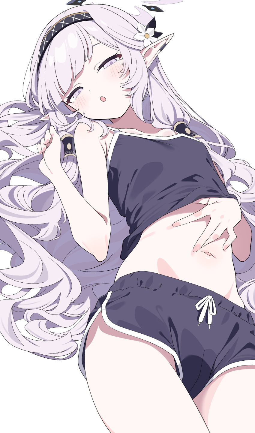 1girl absurdres black_hairband black_shorts blue_archive blush dolphin_shorts flower grey_hair hair_flower hair_ornament hair_tubes hairband halo highres himari_(blue_archive) hiroikara_(smhong04) long_hair looking_at_viewer lying mole mole_under_eye navel open_mouth pointy_ears purple_eyes short_shorts shorts simple_background sleeveless solo white_background white_flower