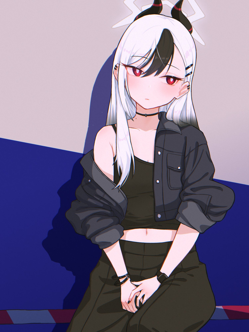 1girl alternate_costume aoore_x64 averting_eyes black_camisole black_choker black_hair black_jacket black_pants blue_archive blush bright_pupils camisole choker collarbone cowboy_shot demon_horns earclip hair_between_eyes halo hands_on_lap highres horns jacket kayoko_(blue_archive) long_hair midriff mole mole_on_neck navel pants red_eyes shadow single_off_shoulder sitting sleeves_rolled_up solo two-tone_background white_hair